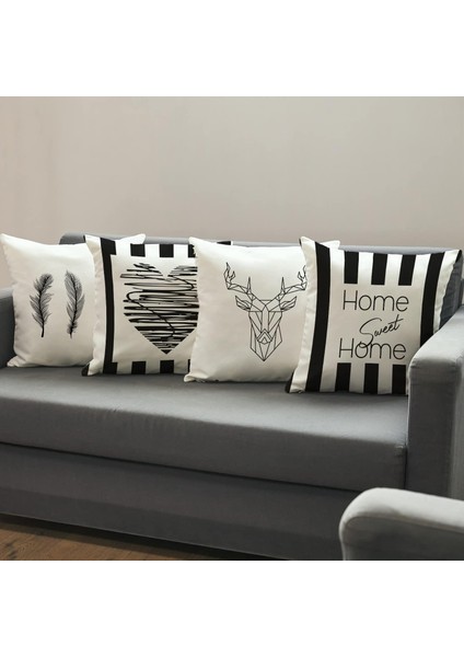 111705 Home Sweet Home Tasarımlı Dekoratif Kırlent Yastık Kılıfı, 4&apos;lü