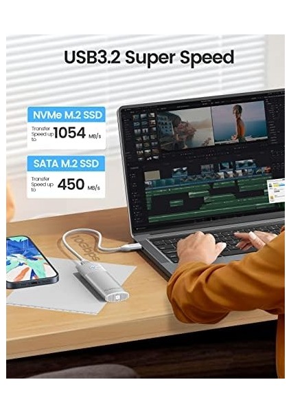 M.2 Nvme Sata SSD Muhafaza Adaptörü Aletsiz, USB C 3.2 Gen 2 10GBPS Nvme, 5gbps Ngff Sata Pcie M-Anahtar (B+M Anahtar) 2230/2242/2260/2280, Alüminyum Harici M2 Kasa Desteği Uasp Trim-Pwem2-Wh fiyatları