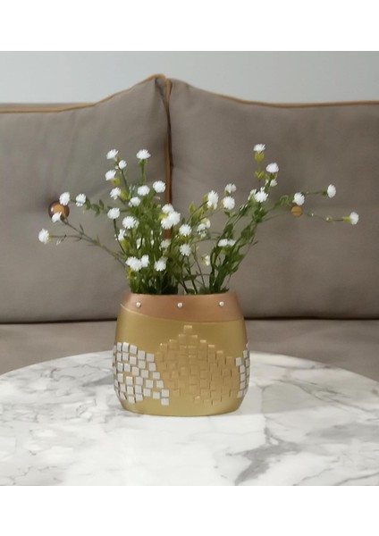 Dahil, Beyaz Yapay Çiçek, Dekoratif Altın Mozaik Poliresin Vazo 10X15X5CM