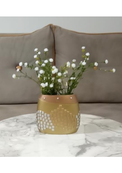 Dahil, Beyaz Yapay Çiçek, Dekoratif Altın Mozaik Poliresin Vazo 10X15X5CM fiyatları