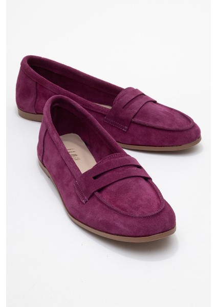 F02 Mor Süet Hakiki Deri Kadın Loafer Ayakkabı