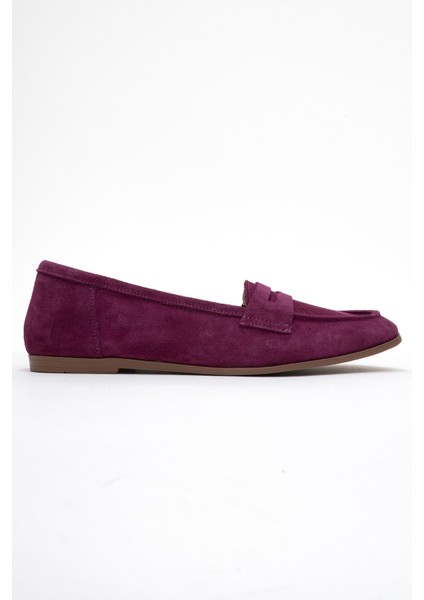 F02 Mor Süet Hakiki Deri Kadın Loafer Ayakkabı