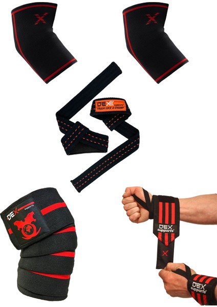 Antrenman Dirsekliği + Lifting Straps + Wrist Wraps + Knee Wraps Diz Bandajı 4'lü Set