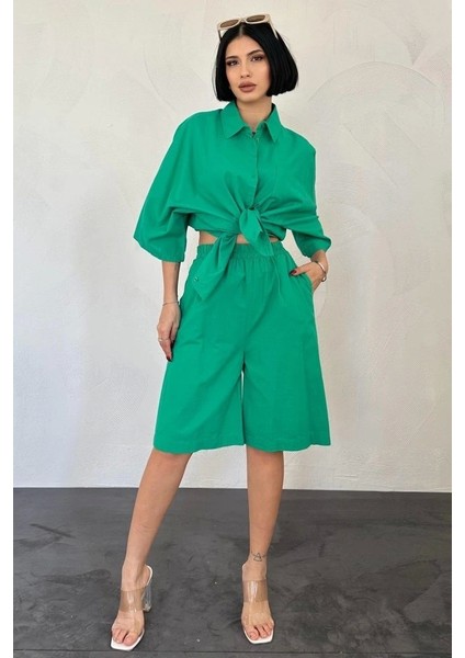 Yeşil Kısa Kollu Keten Gömlek ve Şort Takım