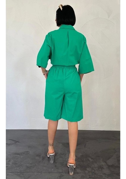 Yeşil Kısa Kollu Keten Gömlek ve Şort Takım modelleri