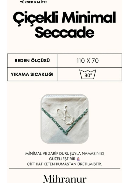 Çiçek Desenli Minimal Keten Seccade Namazlık Tesbih Hediyeli-Çeyiz Bohça Umre ve Hediyelik Seccade