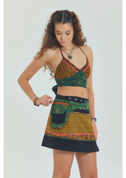 Çiçekli Patch Zımba Detaylı Cepli Mini Etek