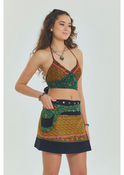 Çiçekli Patch Zımba Detaylı Cepli Mini Etek fiyatları