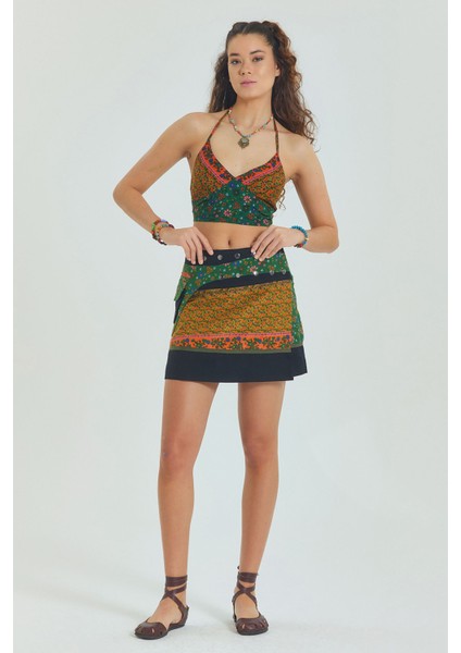 Çiçekli Patch Zımba Detaylı Cepli Mini Etek fırsatları