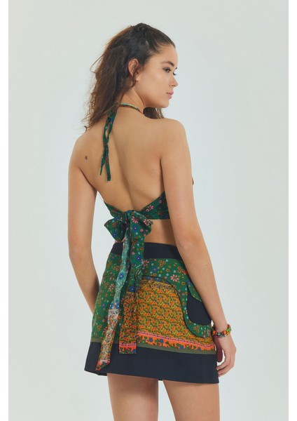 Çiçekli Patch Zımba Detaylı Cepli Mini Etek indirimleri