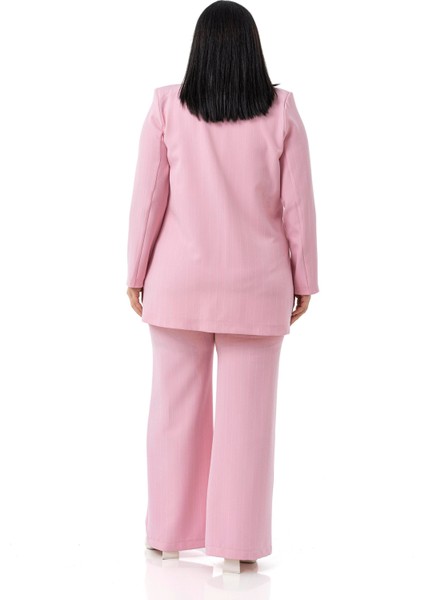 Büyük Beden Çizgili Pembe Ceket Pantolon Ikili Takım modelleri