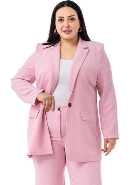 Büyük Beden Çizgili Pembe Ceket Pantolon Ikili Takım indirimleri
