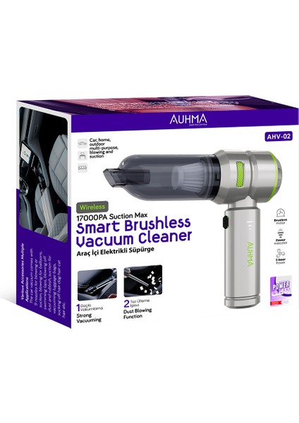 Ahv-02 Kablosuz Araç Içi Süpürge Yeşil | 17000PA Güçlü Vakum | Fırçasız Motor | Üfleme & Vakum Özellikli | 9 Başlık + Type-C Kablo