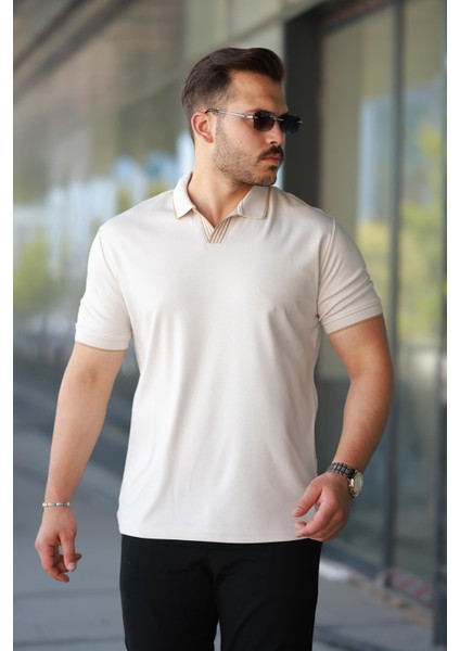 Erkek Ekru Polo Yaka %100 Pamuk Tişört - 2531