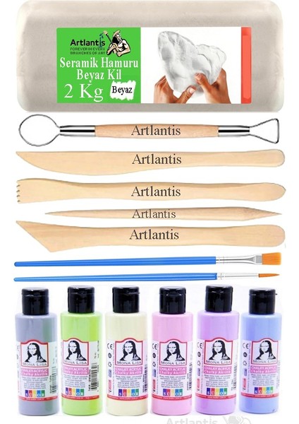 Beyaz Seramik Hamuru 2 kg Ebeşuar Modelleme Monalisa Pastel 6 Renk Akrilik Boya Fırça 75 ml Seramik Çamuru Heykel Sanat