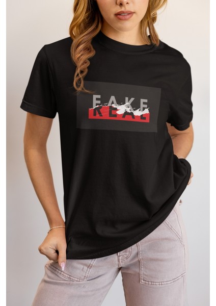Zuno Kadın Comfort Fit Fake Or Real Baskılı T-Shirt