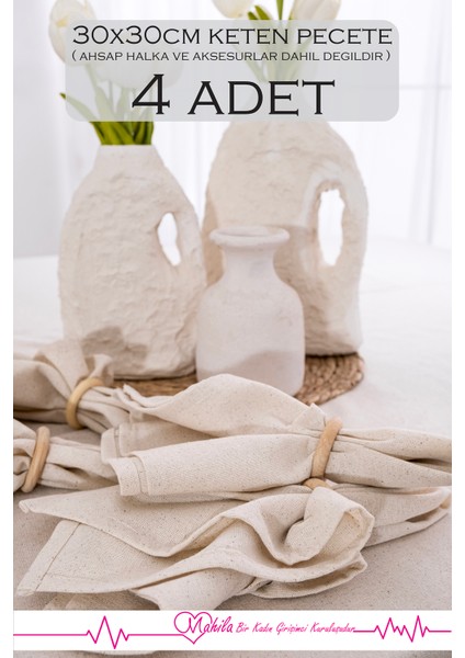 4 Adet %100 Ham Keten Peçete 30X30CM, Amerikan Sunum Peçetesi, Organik Keten