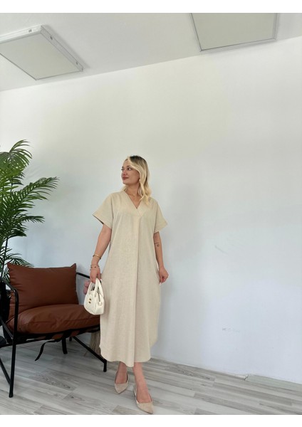 Kadın Keten Elbise Taş Rengi