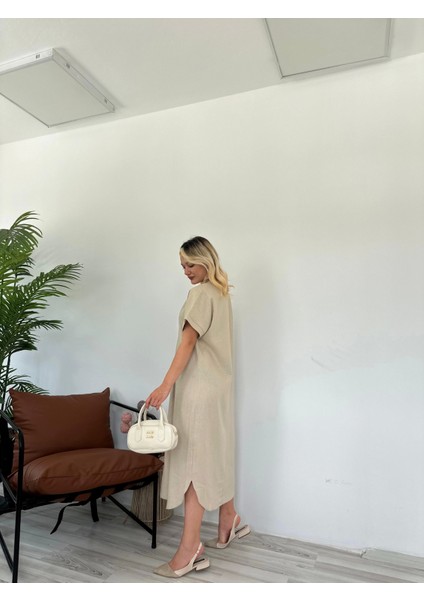 Kadın Keten Elbise Taş Rengi fiyatları