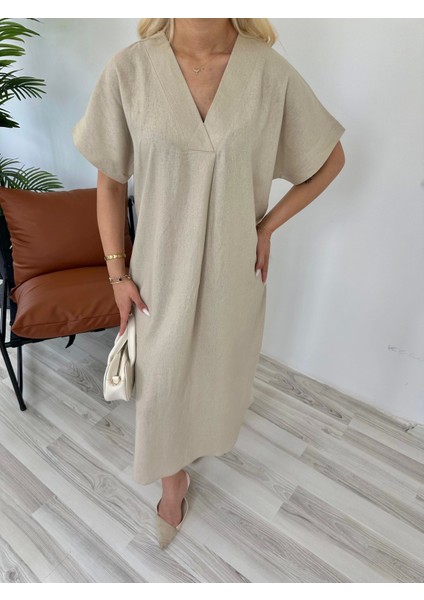 Kadın Keten Elbise Taş Rengi modelleri