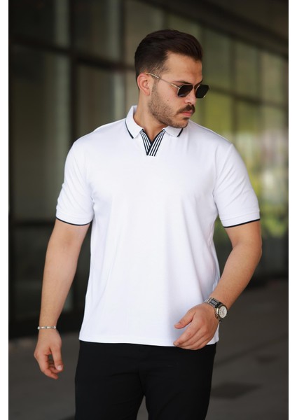 Erkek Beyaz Polo Yaka %100 Pamuk Tişört - 2531