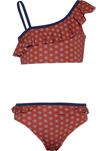 Kız Çocuk Çiçek Desenli Kiremit Rengi Lacivert Biyeli Bikini Takımı 25SG005ST