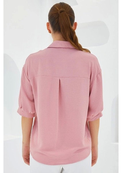 Pembe Kısa Kol Oversize Keten Gömlek 20240 fırsatları