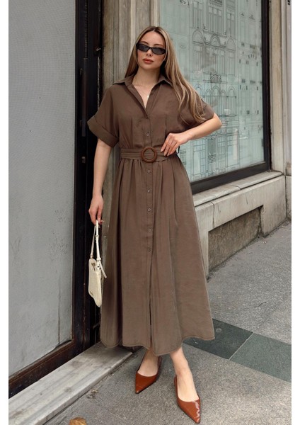 Beli Büzgülü Kemer Detaylı Modal Elbise Kahve 9307-E