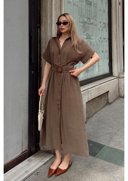 Beli Büzgülü Kemer Detaylı Modal Elbise Kahve 9307-E fiyatları