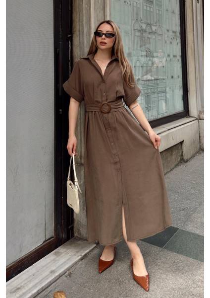 Beli Büzgülü Kemer Detaylı Modal Elbise Kahve 9307-E modelleri