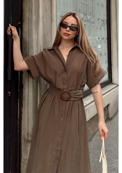 Beli Büzgülü Kemer Detaylı Modal Elbise Kahve 9307-E fırsatları