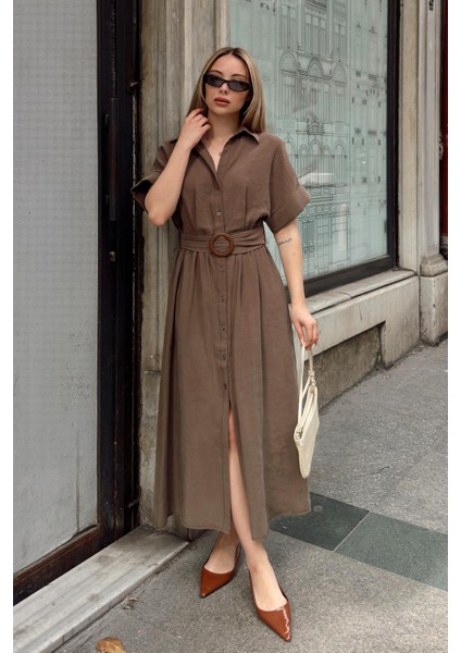 Beli Büzgülü Kemer Detaylı Modal Elbise Kahve 9307-E indirimleri