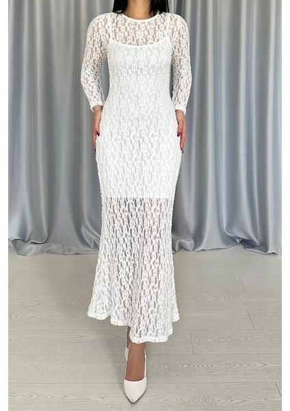 Beyaz Dantelli Uzun Kollu Elbise modelleri