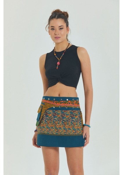 Çiçekli Patch Zımba Detaylı Cepli Mini Etek