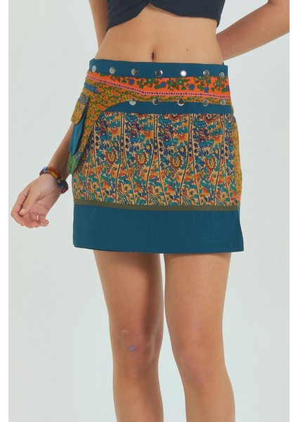 Çiçekli Patch Zımba Detaylı Cepli Mini Etek fırsatları