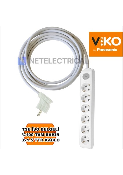 Multi-Let | Altılı 22 Metre Anahtarlı Topraklı Yan Fişli Çocuk Korumalı Grup Priz - 6'lı, 22 M, 3x1.5 Ttr (Tam Bakır) Kablolu