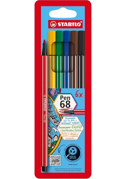 Pen 68 - Keçe Uçlu Boya Kalemi - 6 &apos;lı Askılı Paket - 6 Farklı Renkte
