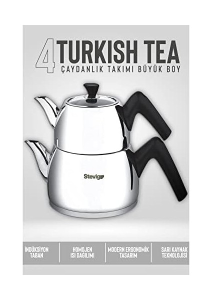 4 Turkish Tea 18/10 Paslanmaz Çelik Çaydanlık Takımı Büyük Boy ST-501