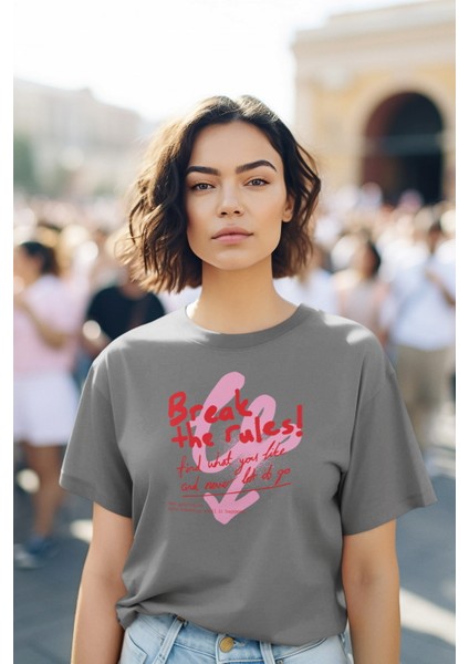 Zuno Kadın Comfort Fit Break The Rules Baskılı T-Shirt