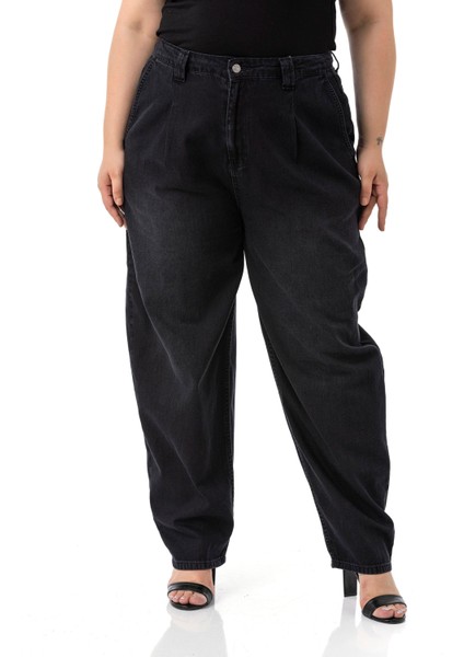 Büyük Beden Önü Pileli Yarım Balon Kesim Beli Arkadan Lastikli Cepli Denim Siyah Pantolon