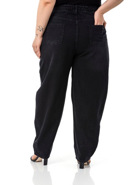 Büyük Beden Önü Pileli Yarım Balon Kesim Beli Arkadan Lastikli Cepli Denim Siyah Pantolon modelleri