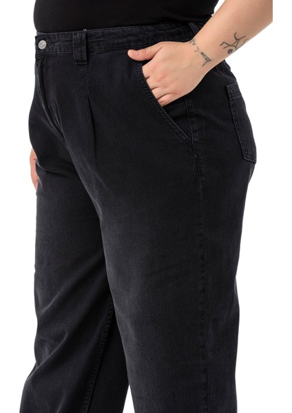 Büyük Beden Önü Pileli Yarım Balon Kesim Beli Arkadan Lastikli Cepli Denim Siyah Pantolon indirimleri