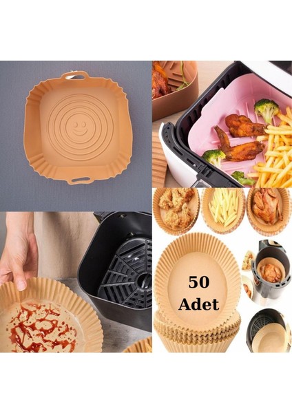 Silikon Kare Pişirme Kabi Kahve+50 Adet Airfryer Tek Kullanimlik Pişirme Kağidi Xl-Xxl Tabak