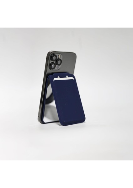 Apple Iphone ile Uyumlu Aynalı Iq Animasyonlu Magsafe Özellikli Deri Cüzdan (Dark Blue)