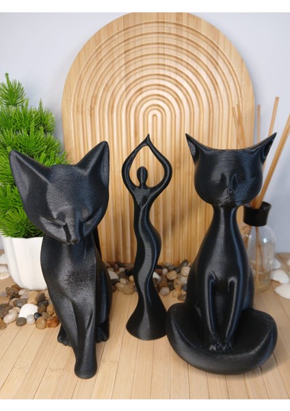 Kedi & Dans Şeklinde Kadın Biblo Seti / 3 Lü Dekoratif Figür