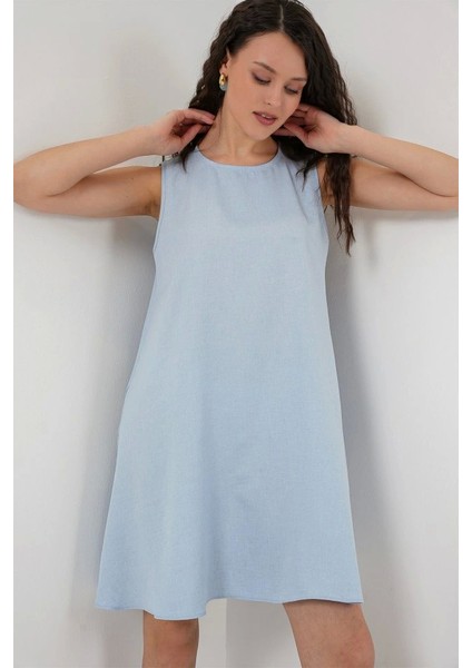 2444 Mini Keten Elbise - Açık Mavi fırsatları
