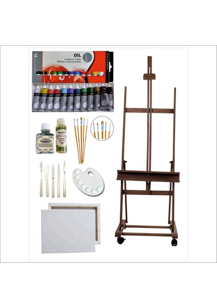 Yağlı Boya Seti 2 Fırça Tuval Palet Resim Yağı