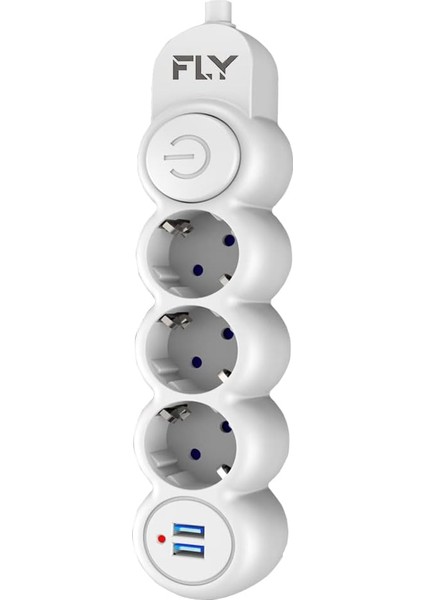 Racing Fly 3393 Termal Akım Korumalı, Çocuk Korumalı, 2 x Usb, 2mt Uzatma Kablosu 3&apos;lü Priz, Beyaz