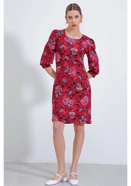 Bordo Gül Desenli Midi Elbise 2477 modelleri