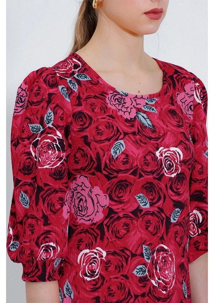 Bordo Gül Desenli Midi Elbise 2477 fırsatları